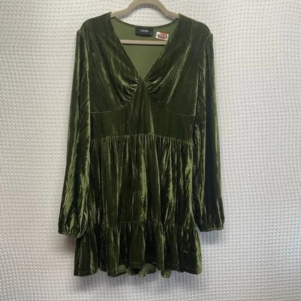 Cider Velvet Forest Green Long Sleeve V-Neck Babydoll Mini Dress Women Large